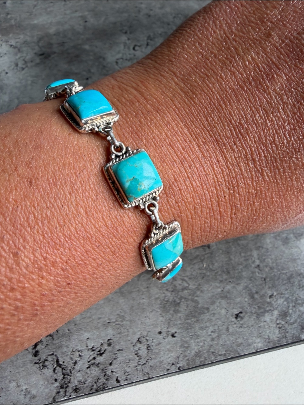 Sterling Silver Turquoise Square Link Bracelet - Picture 5 of 8